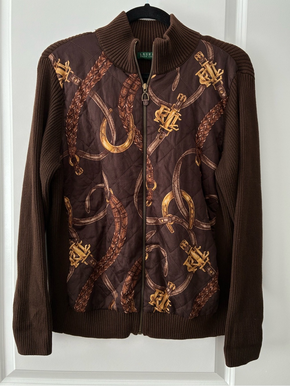 Lauren Ralph Lauren Vintage Equestrian Quilted Front Horse-Bit Knit Zip Sweater